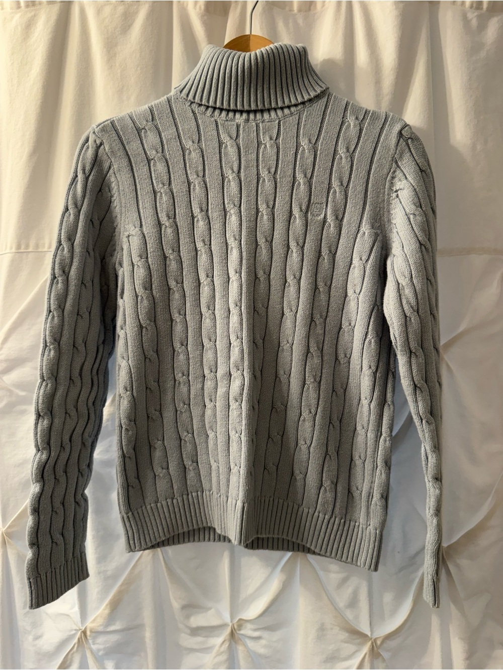 Chaps Light Grey/Blue Cable-Knit Turtleneck Sweater, Size Small